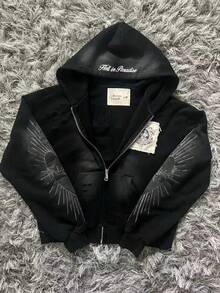 Unisex Streetwear Style Patchwork Hoodie, Letter Pattern Zip-Up Hoodie, Y2K - màu đen - Xem 3