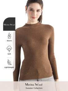 2026春夏女士美利奴羊毛混纺毛衣，休闲百搭，保暖柔软圆领长袖针织套头衫 - 棕色 - 查看 1