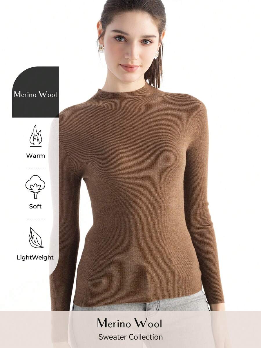 2026春夏女士美利奴羊毛混纺毛衣，休闲百搭，保暖柔软圆领长袖针织套头衫 - 棕色 - 查看 1