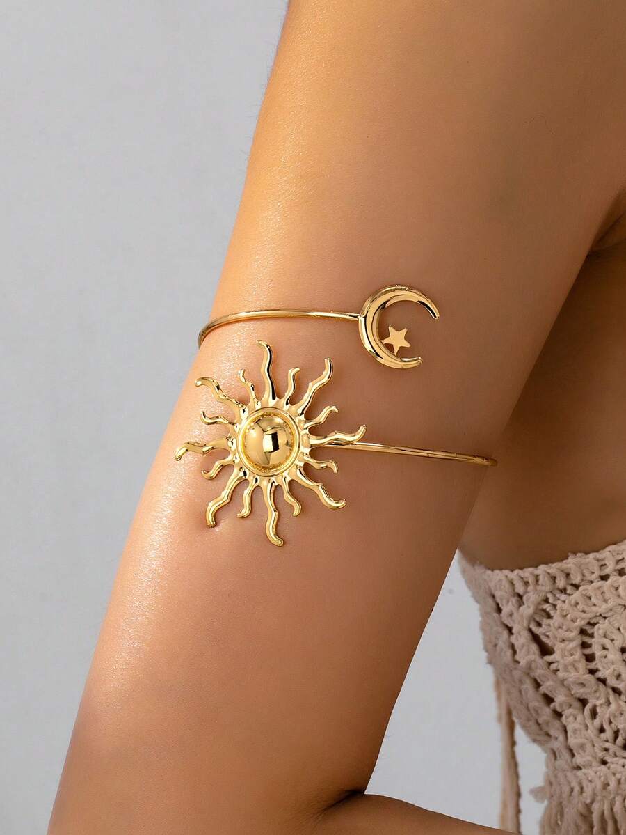 1pc Exaggerated Vintage Elegant Star & Moon Design Open Cuff Bracelet, Suitable For Ramadan, Party, And Daily Wear - Yellow Gold - View 1