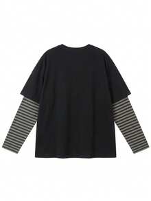 JUTUQU Spring Black Vintage Striped Patchwork Sleeve Women's T-Shirt, Versatile Party Wear 2026 Round Neck Long Sleeve Top Casual - 2A19 Black - View 4