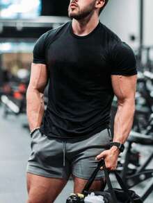 Men's Summer Outdoor Sports Fitness Training Basic Solid Color Round Neck Short Sleeve T-Shirt | Suitable For Daily Sports Outfit - Black - View 2