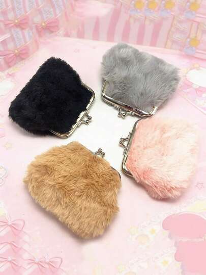 1 pieza Monedero de cero de peluche con hebilla lindo, bolsa de almacenamiento de joyas de peluche corto para niños, pequeños regalos