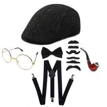 6pcs/Set 1920s Retro Men's 20s Costume Set, Including Suspenders, Hat, Bow Tie, Glasses Frame, Smoking Pipe Prop - Multicolor - View 7