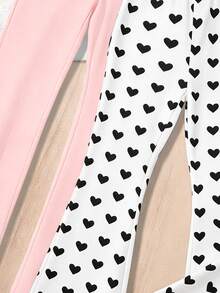 2pcs/Set Young Girl Pants, Heart Print & Solid , Fashion Matching, Sister Set - Baby Pink - View 7