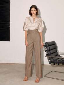 Women's Solid Color High Waisted Straight Leg Casual/Business Pants, Spring And Summer - Khaki - View 3