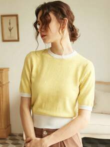 Elegante Damen Frühlings-/Sommer Mode Alltags Lässig Französischer Stil Gerippter Saum Kurzarm Farbblock Strick Pullover Top, Minimalistischer Retro Frühlings-/Sommer Stil, Frühlings-/Sommer Damenmode, Valentinstag Damenmode - Hellgelb - Übersicht 5