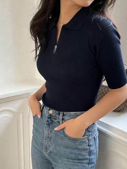 女式纯色翻领短袖修身拉链休闲针织上衣，春夏