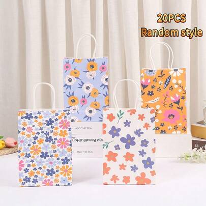 20个彩色花朵牛皮纸礼品袋，牛皮纸袋，适用于购物、派对、生日、婚礼和各种活动，时尚且可重复使用。