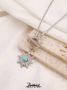 1pc Fashion Stainless Steel Necklace Round Natural Stone Sun Pendant Necklace Female Jewelry Suitable For Women's Daily Wear - necklace - View 12