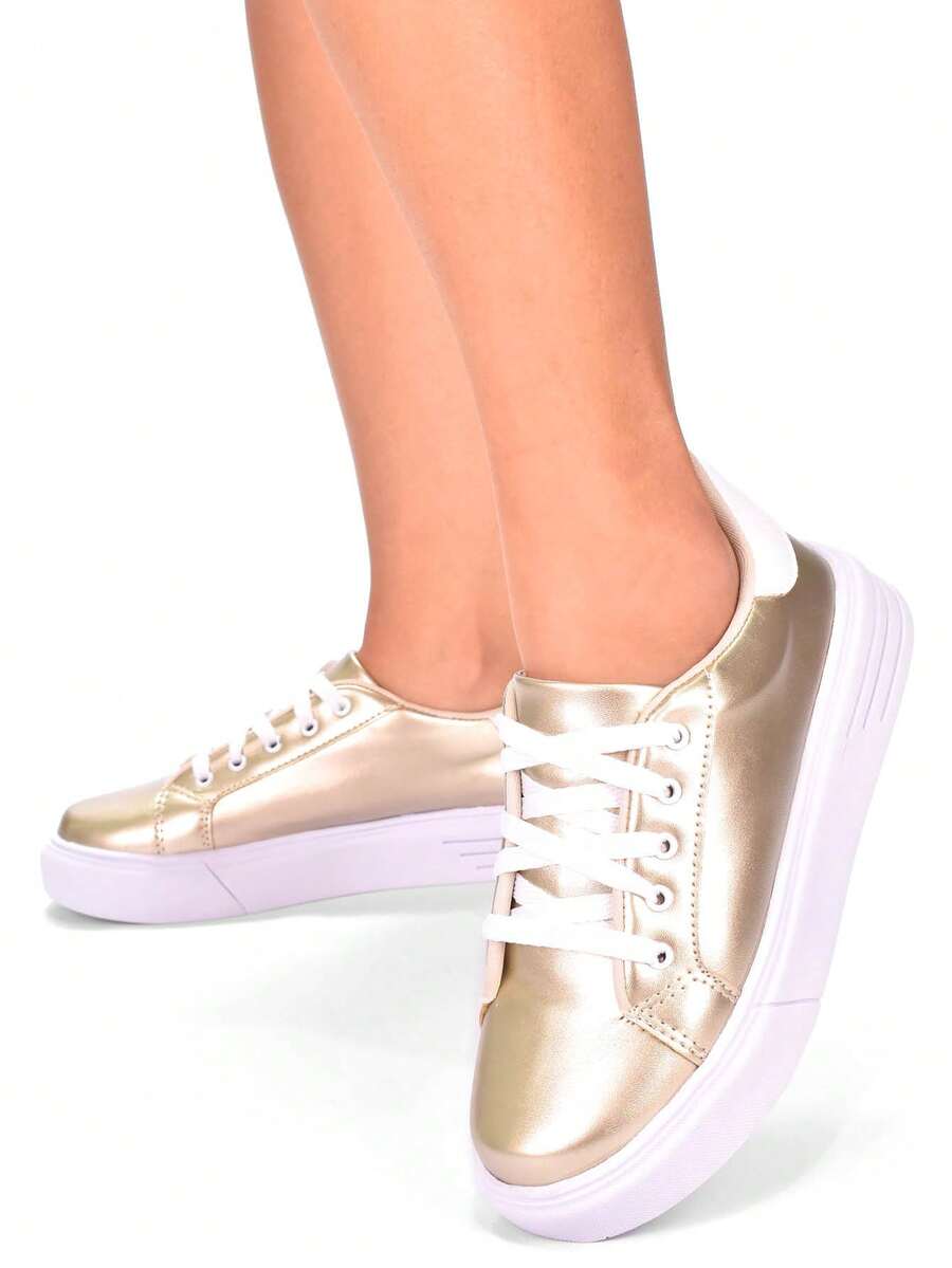 Tenis Casual Prata Feminino  Macio Lançamento Original Dourado - Dourado - Visão 1