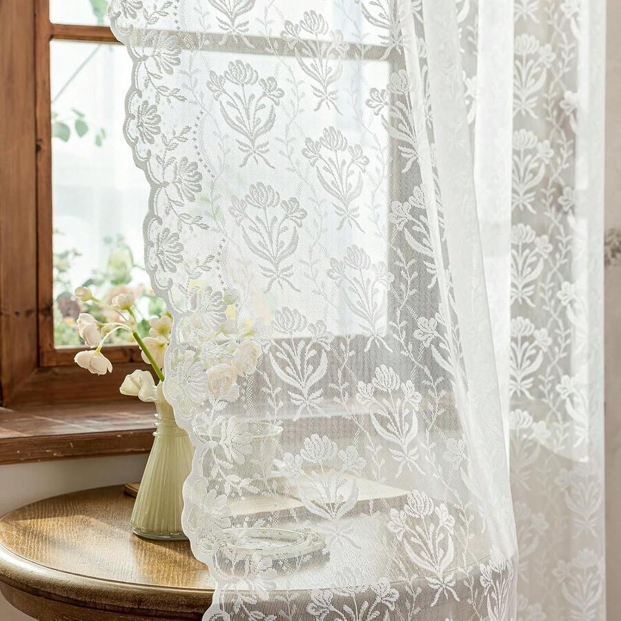 Romantic Floral Lace Curtains, 84 Inch Length, Light Filtering Sheer Panels, Set Of 2, Natural White - Màu trắng tự nhiên - Xem 1