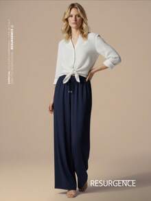 Women's Wide Leg Palazzo Pants, High Waist, Duna Fabric, Knit Fabric, Casual, Basic, Practical, Perfect For Everyday, Spring, Summer, Drawstring, Vacation, Office, Night, Diary, Travel - Màu xanh hải quân - Xem 5
