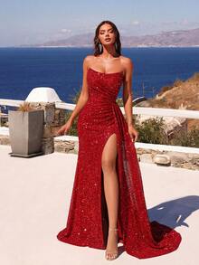 ADYCE Đầm maxi dài không dây vai, xếp ly, xẻ tà cao, đính sequin lấp lánh, chất liệu satin, thích hợp cho dạ hội, tiệc sinh nhật, tiệc tối trang trọng, hẹn hò, lễ hội, dự đám cưới, dạ tiệc trang trọng, họp mặt gia đình và các dịp khác. Màu đỏ mùa xuân. - Đỏ - Xem 5