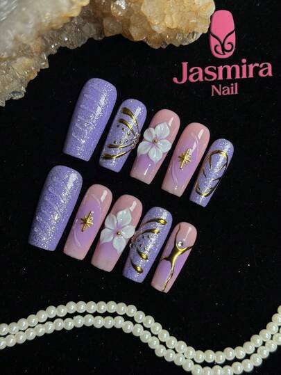 10pcs Handmade Press-On Nails, Y2K French Manicure Press-On Nails, Square Shaped Press-On Nails, Pink Nails, Purple Nails, Handmade Carved Nails, Mirror Powder Design, Glitter Gel Suitable For Valentine's Day, 3.0 Short Press-On Nails, Ideal For Women And Girls To Use At Home, Parties, Birthdays, Christmas And Other Holidays, DIY Nail Art Supplies, Reusable