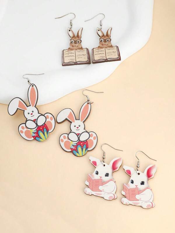 1 Pair Cute Rabbit Learning & Reading Design Wooden Easter Egg Earrings, Adorable & Suitable For Daily Wear And Easter