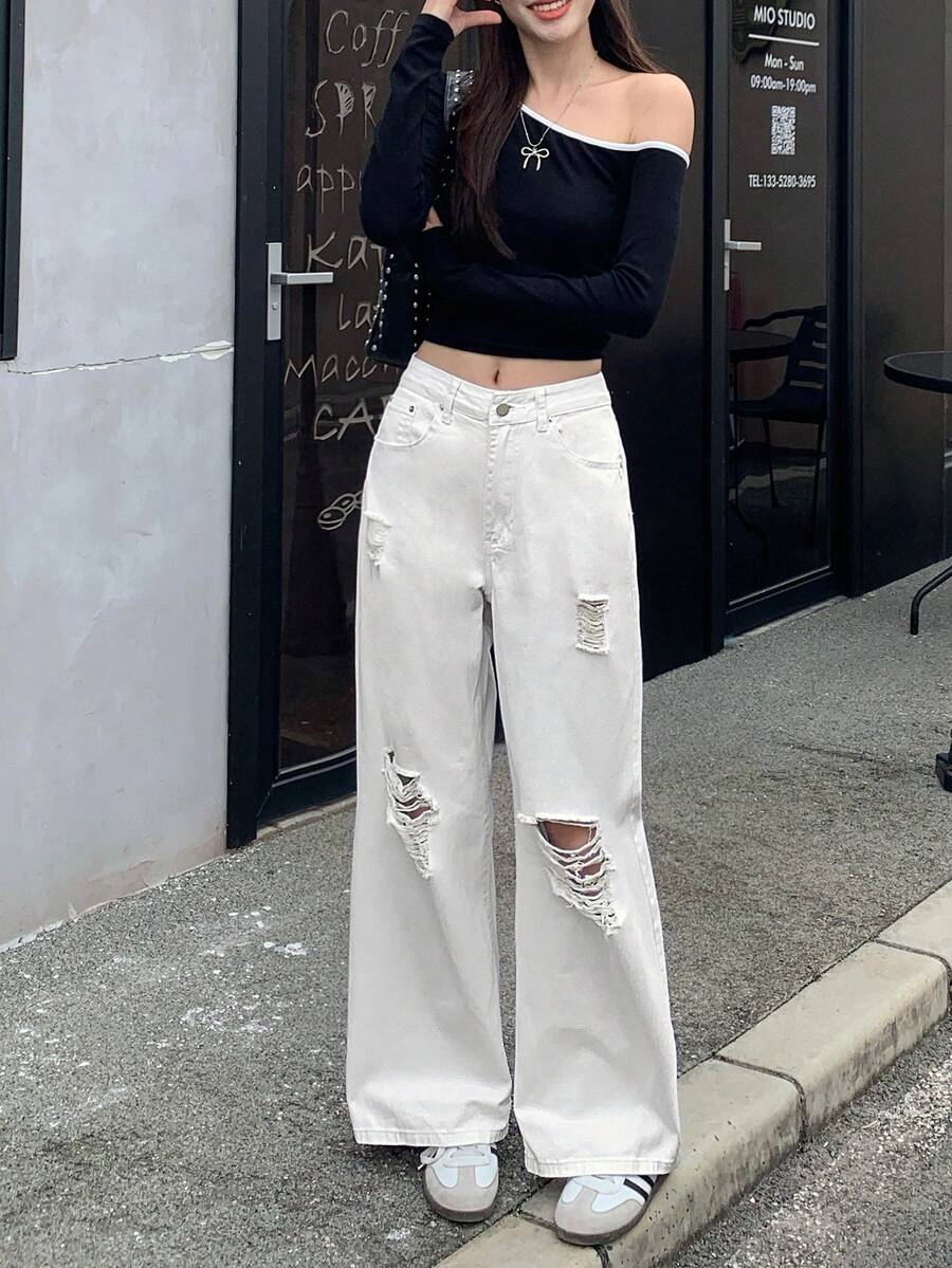 Women's Y2K Spring Pocketed Wide Leg Loose Ripped Jeans Casual White - White - View 1