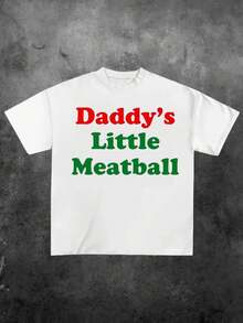 Retro Funny "Daddy's Little Meatball" Red And Green Slogan Print Graphic Tee,Casual Print,Comfortable And Versatile,Pure Heavy 220g 100% Cotton Printed T-Shirt,Unisex Style,1 Pcs - 白色 - 查看 1