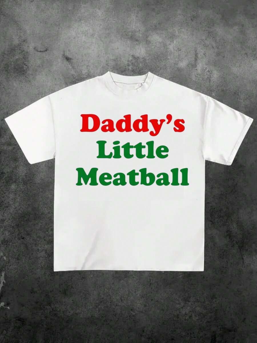 Retro Funny "Daddy's Little Meatball" Red And Green Slogan Print Graphic Tee,Casual Print,Comfortable And Versatile,Pure Heavy 220g 100% Cotton Printed T-Shirt,Unisex Style,1 Pcs - 白色 - 查看 1