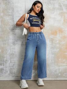 Women's Casual Wide Leg Cropped Pants, Straight Leg, Elastic Waistband, Non-Stretch Material, Solid Color, Suitable For All Seasons, Woven - Blue - View 6