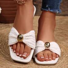Women's Bow Sandals With Slides And Slippers Dressy Square Open Toe Comfortable Summer Casual Vacation Beach Shoes Flats - 白色 - 查看 8