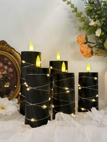 5/4/2pcs Set Black Battery Operated Flameless Candles With Remote Control Timer, Realistic Flickering Flame, Romantic Ambiance, For Tabletop, Bedroom, Party, Holiday Decor - Black String Lights - View 6