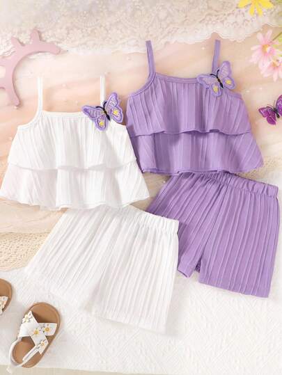 4件套女婴休闲优雅可爱柔软舒适多层荷叶边蝴蝶装饰吊带背心搭配弹力腰纯色运动短裤，适合幼儿女童夏季日常穿着、度假、派对、户外活动
