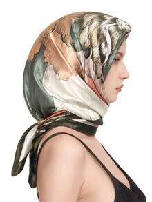 1pc Women's Fashion Peony Print 90cm Square Scarf, Printed Shawl Versatile For Spring/Autumn, Contrast Color Stylish Bandana, Suitable For All Seasons - Green - View 5