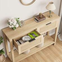 Mesa de Entrada Estilo Rústico con 2 Cajones | Sofá Mesa de 2 Niveles para Salón, Recibidor | 43 Pulgadas - Color de la madera - Ver 4