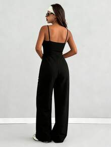 Mono de mujer, diseño de cintura alta, cuello en U y espalda en U, adecuado para uso diario casual, gimnasio, yoga, correr, primavera/verano - Negro - Ver 10