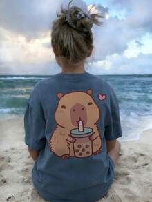 少女休闲印花圆领短袖T恤，深灰色，夏季上衣 - 霧霾藍 - 查看 8