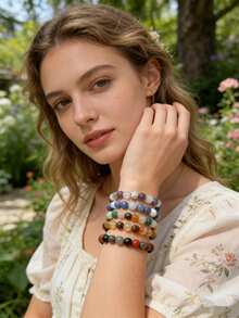 5/10/12/20/30/50/100颗波西米亚风天然石珠手链套装，男女皆宜 - 紫水晶、拉长石、绿松石和粉晶珠 - 完美礼物 - 彩色 - 查看 7