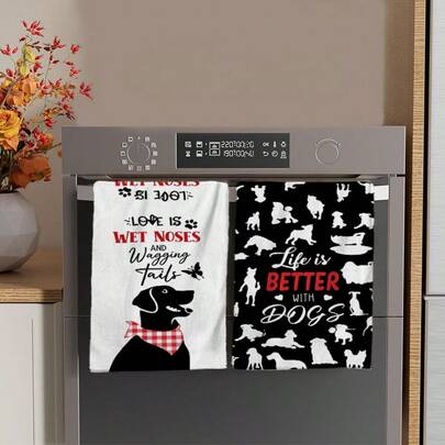 2/4/48pcs Vintage Style Dog Silhouette With Red & White Plaid Scarf, Paw Print & Butterfly Decor Kitchen Towels - Super Soft, Absorbent Polyester Dish Towels, Ideal For Holiday Decor, New Year Gifts, Kitchen Decor, Party Decorations