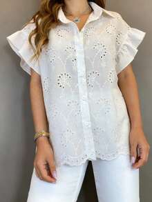 女士纯色梭织镂空衬衫，休闲夏季白色 - 白色 - 查看 1