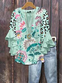 1 Women's Floral & Paisley& Leopard Print Blouse Tops - Button-Front Top With Three-Quarter Length Ruffle Sleeves, Non-See-Through Fabric For Everyday & Formal Events - Spring/Summer Blouse In Green, Women'S Clothing - 杏桃粉紅色 - 查看 4