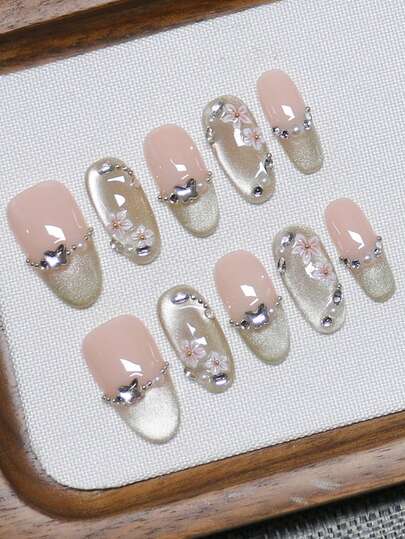 10pcs Handmade Spring Flower & Cat Eye Nail Stickers, Soft & Cute, Suitable For Women & Girls, Suitable For Spring, Summer, Autumn, Winter, Festivals And Daily Wear