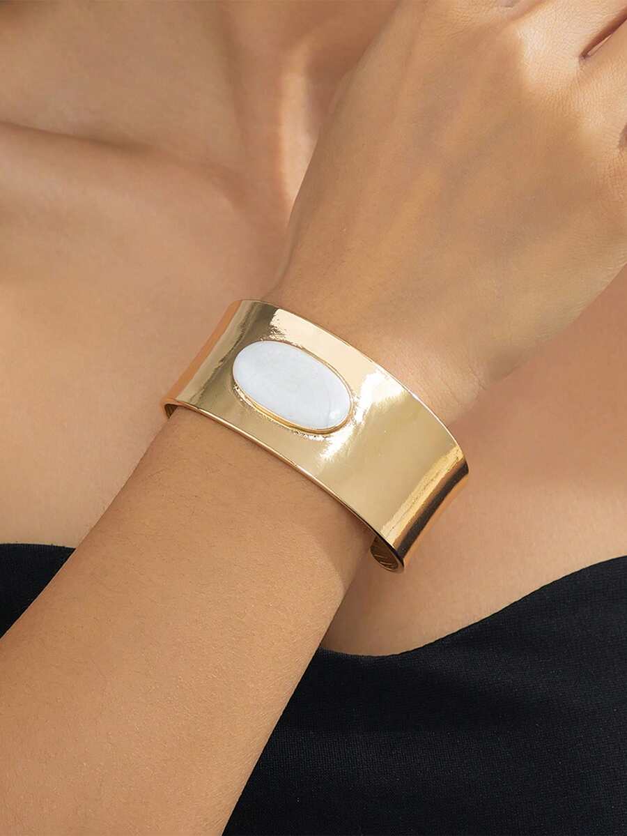 1对手工滴油几何椭圆白色手镯（女士款） - 金黃色 - 查看 1