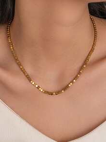 1 Set Stainless Steel Fashionable Versatile Cube Beaded Necklace + Bracelet Jewelry Set, Suitable For Daily Wear And Gift - Yellow Gold - View 4