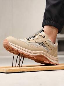 GUYISA 大网眼透气安全鞋，钢头防砸防刺休闲鞋，软橡胶鞋底，时尚高帮功能性工作鞋 - 卡其色 - 查看 5