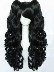 一款合成卷发假发，双发髻黑色长卷发假发，无刘海，18英寸长，自然逼真，适合日常佩戴（不含配饰） - 黑色 - 查看 1