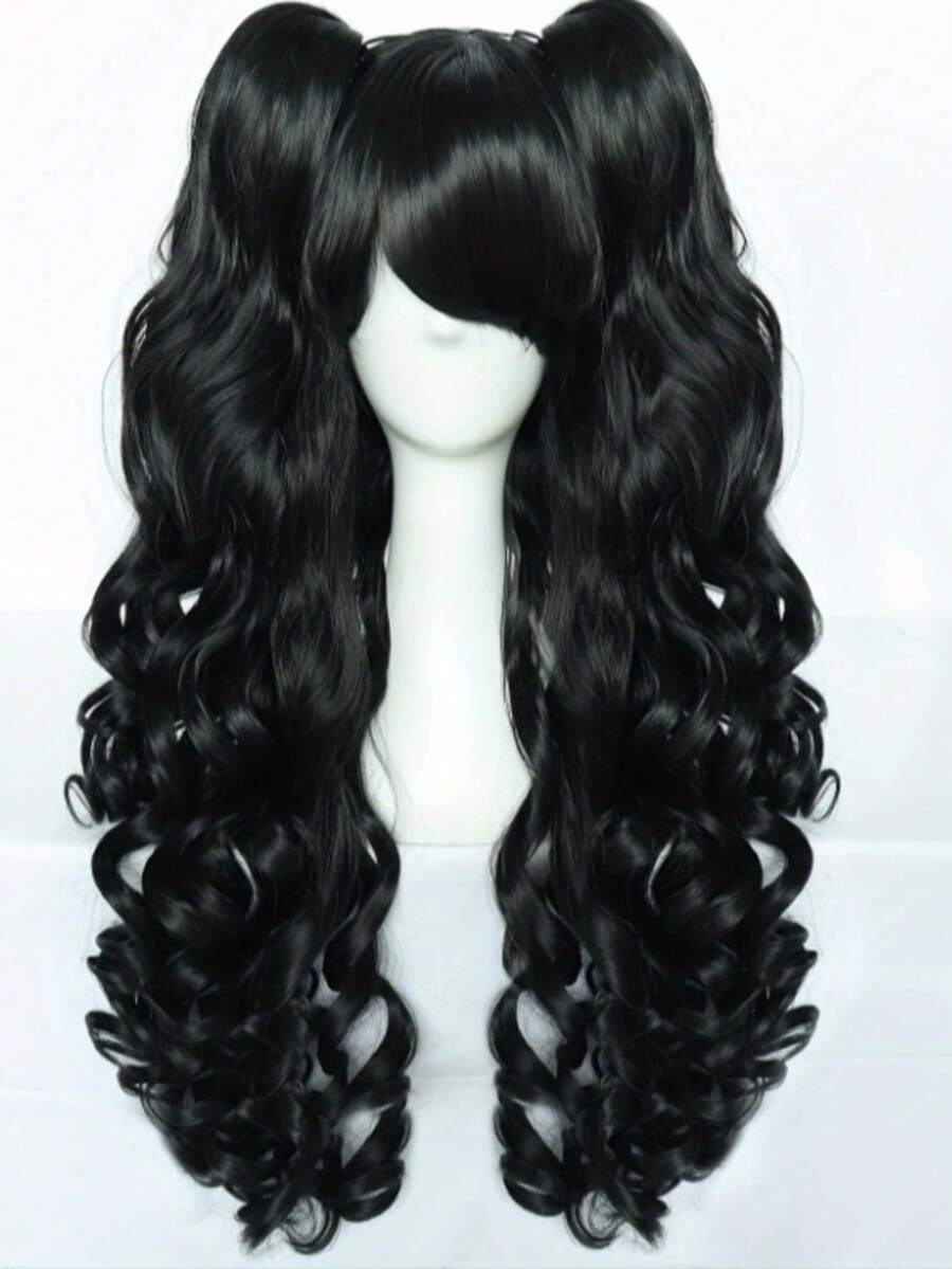 一款合成卷发假发，双发髻黑色长卷发假发，无刘海，18英寸长，自然逼真，适合日常佩戴（不含配饰） - 黑色 - 查看 1