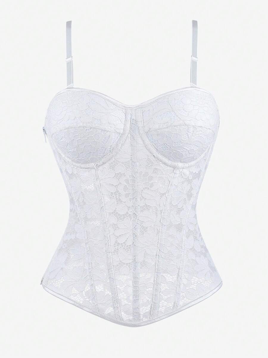 Áo corset ren trắng cho nữ, áo corset ren đen ôm sát ngực với dây đeo mảnh có thể điều chỉnh và khóa kéo bên hông. - trắng - Xem 1