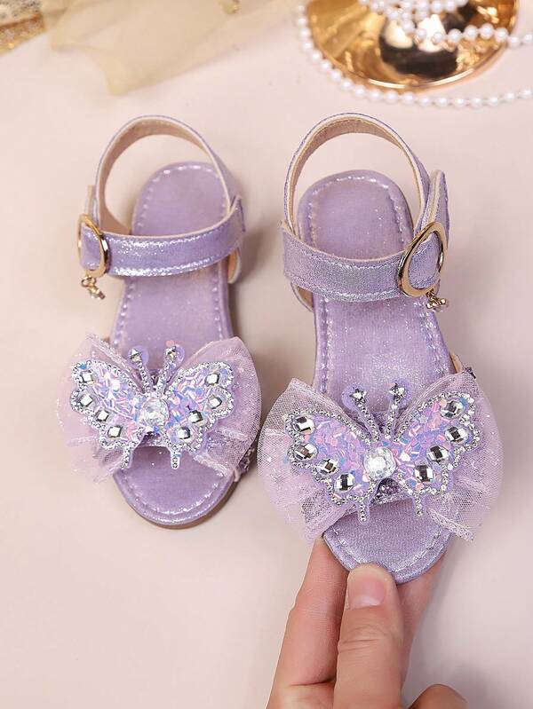 2026 New Girls' Mesh Sequin Butterfly Rhinestone Decor Non-Slip Open Toe Low-Top Sandals, With Buckle Strap, Suitable For Birthday Party/Children's Dance Activities/Weekend Family Shopping