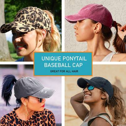 1顶女士多色水洗复古可调节交叉马尾开口棒球帽（每个做旧点可能略有不同）