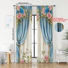 2PCS European-Style Flower Curtains, Romantic Blue And Pink Rose Pattern, Half-Shade And Dust-Proof, Suitable For Bedroom And Living Room As Decorative Curtains - Multicolor - View 3