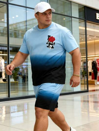 Conjunto de pantalón corto y camisa de manga corta en degradado azul talla grande para hombre, conjunto casual de 2 piezas para vacaciones, traje de verano con cordón