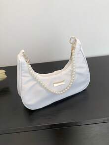 Fashionable Pearl Chain Crescent Shoulder Bag Fashionable Baguette Shoulder Bag Handheld Small Bag Outdoor Casual Bag Versatile Commuter Bag - White - View 6