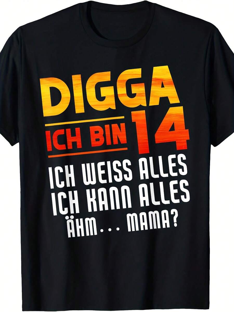 Funny German Birthday Saying T-Shirt For Men - Digga I'm 14 I Know Everything (I'm 14, I Know Everything) 2010 Vintage Design - With Yellow And Red Text - 14. Birthday Party Outfit - Funny Gift Idea For 14-Year-Olds - Casual Round Neck T-Shirt For Teenagers - Funny - 黑色 - 查看 1