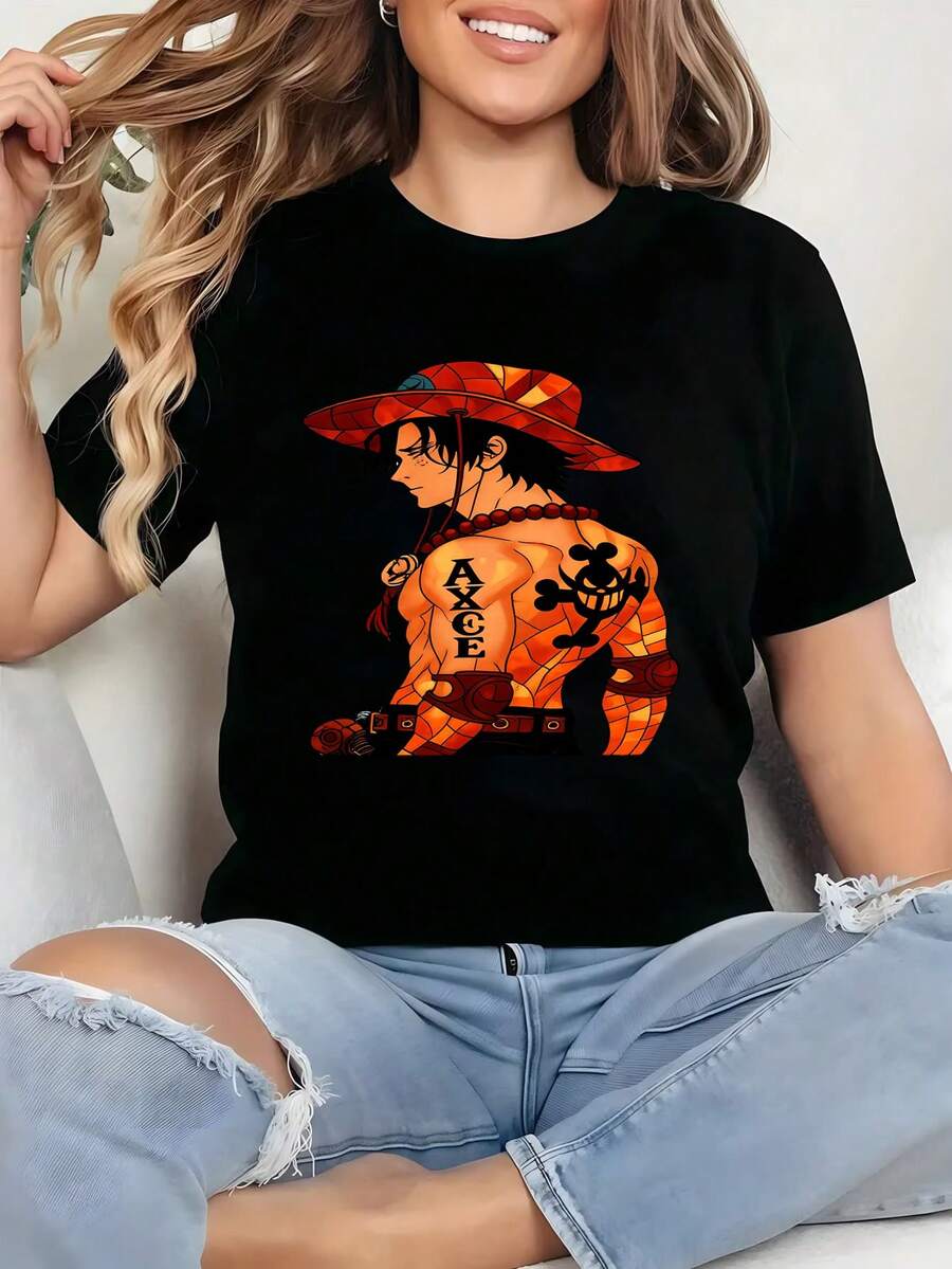Camiseta de Portgas D. Ace, gráfica, diseño vitral, estilo dramático vibrante, para coleccionistas de , anime acción, homenaje personaje, regalo otaku, moda casual,blusas elegantes dama,tops,parejas,blusas curvy mujer. - Negro - Ver 1
