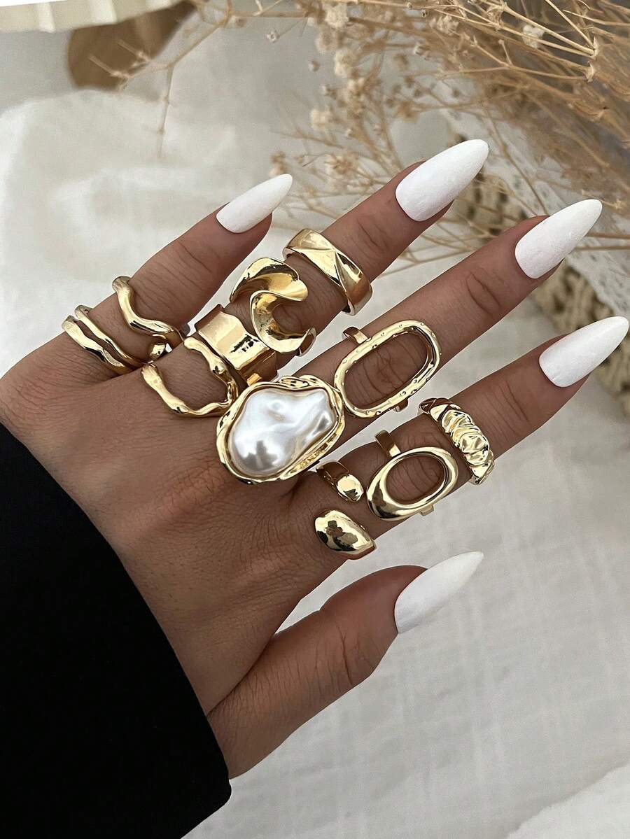 11pcs Vintage Casual Fashion Coin-Inspired Metal Ring Set, Includes Asymmetrical Geometric, Hollow, Crinkle, Asymmetric Pearl Multi-Element Designed Rings, Suitable For Daily, Party, Date, Holiday, Wedding, Gift - Gold - View 1